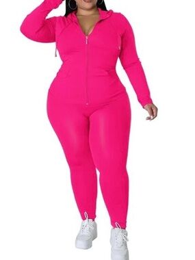 Plus Size Hot Pink and black Zip-Front Sweatsuits